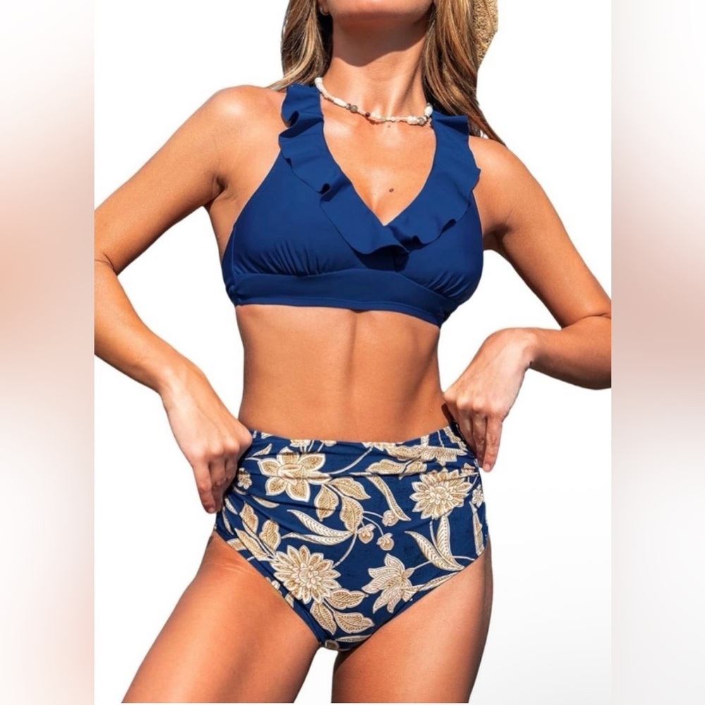 CUPSHE Two Piece High Waisted Halter V Neck Navy Blue Floral Ruffle Bikini XS